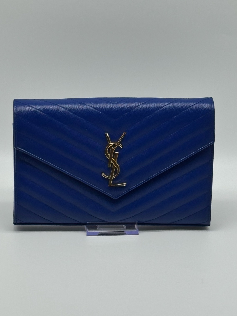 Yves Saint Laurent Chevron-Quilted Envelope Clutch in Cobalt Blue with Gold Logo